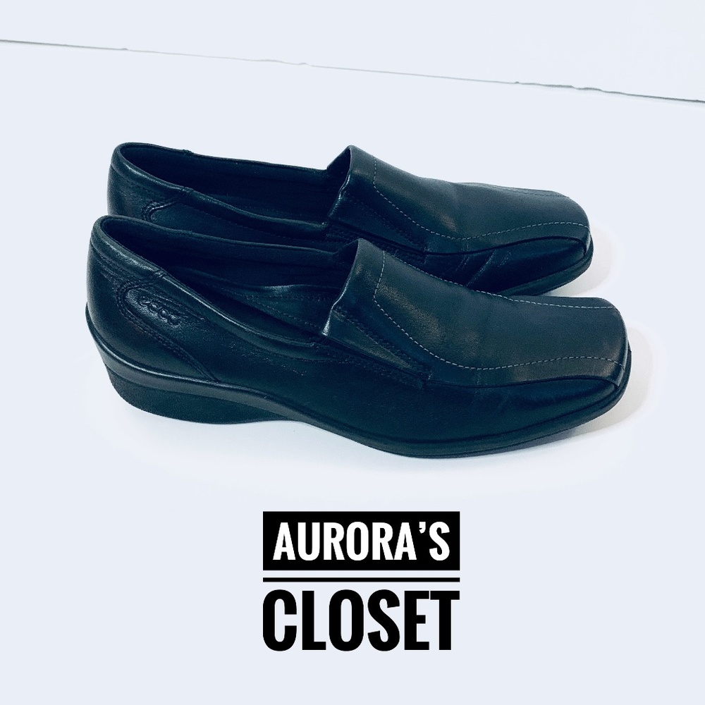 Ecco 6.5 Black Square Toe Loafer Slip On EU 37 Shock Point Heel